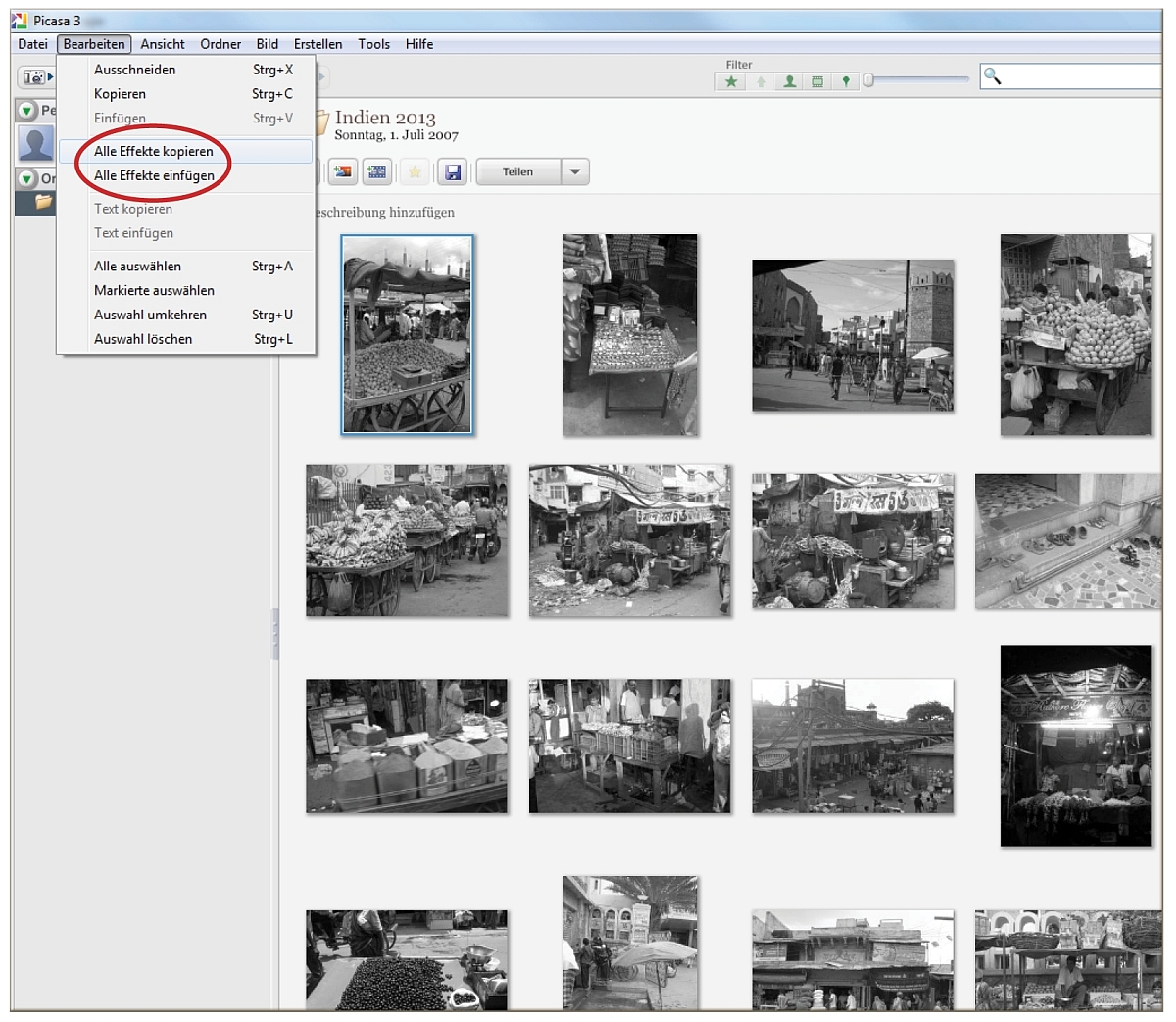 Picasa: Schwarz-Weiß-Effekt auf alle Bilder kopieren